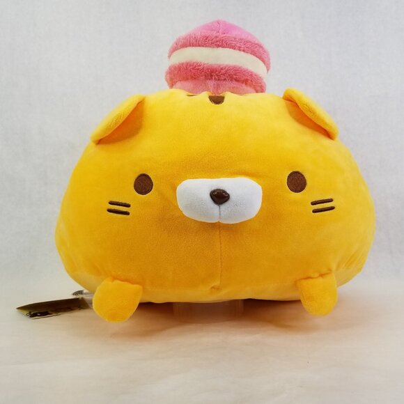 Sasurai No Tabineco Plush Cat w/ Pink Macaron 16" Yellow Mikemura Jumbo NEW - Picture 1 of 16